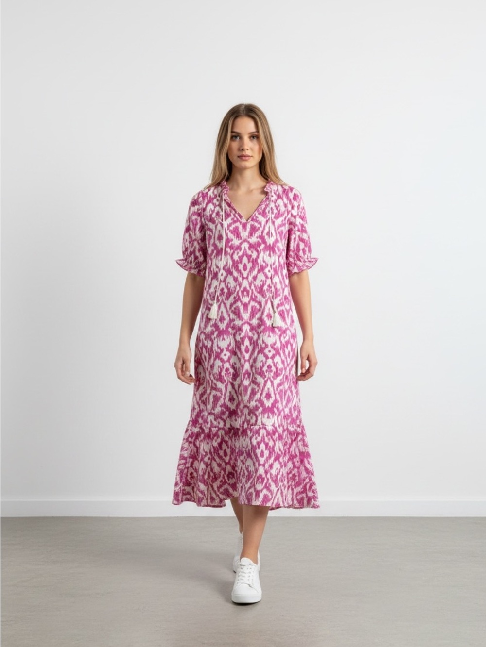 Pink Patterned V-Neck Midi Dress
